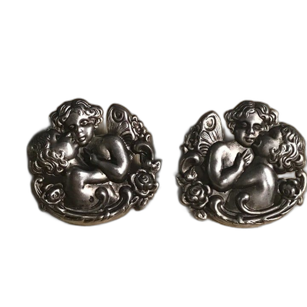Vintage Silver Tone Kissing Cherubs Angel Earrings Repousse Rose Motif Ornate